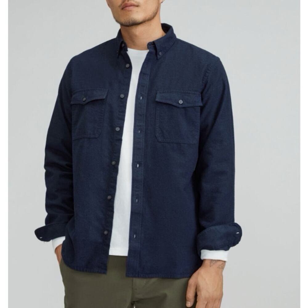 Everlane L The Brushed Flannel Button Down Shirt Men's Heavyweight Cotton Navy